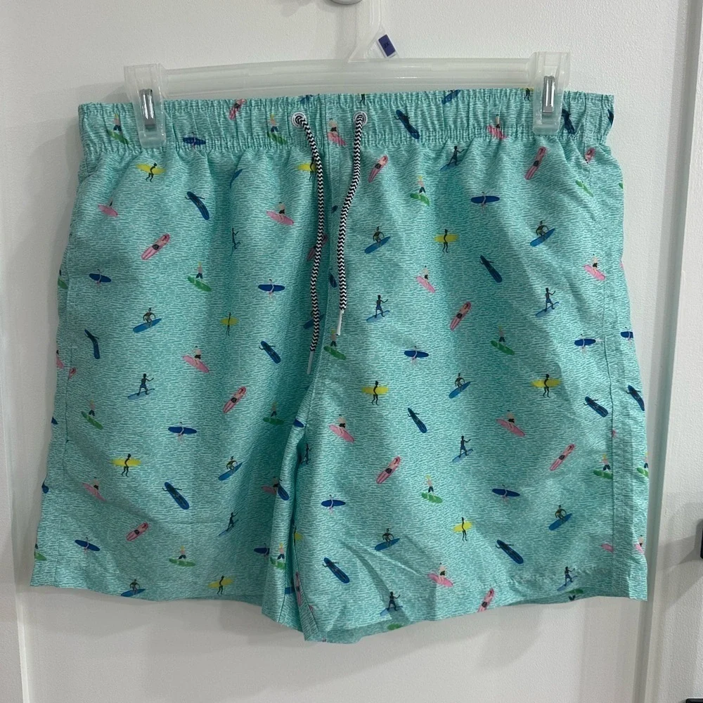 NEW Boardies Apparel Men’s Swim Trunks Aqua Blue Surfer Print Size Large